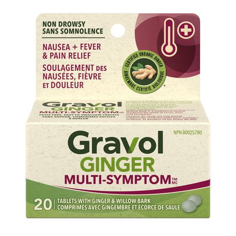 Gravol Ginger Multi-Symptom Cold and Fever Tablets with Willowbark, 20 Tablets