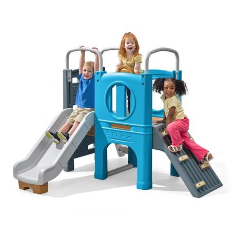 Step2 Scout & Slide Climber Toddler Playset â€“ Toddler Play Gym with Elevated Kids Playhouse, Kids Slide, Two Climbing Walls, Steering Wheel, and Metal Bars â€“ Dimensions 72.5in x 70in x 55.75in