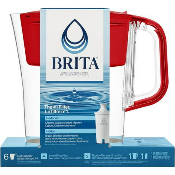 Petit pichet de filtration d’eau Brita® d’une capacité de 6 tasses avec 1 filtre Brita® standard, sans BPA, modèle Denali Rouge De l’eau filtrée au goût exceptionnel