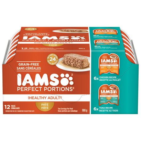 Nourriture humide sans céréales pour chats IAMS PERFECT PORTIONS Healthy Adult format variété - Pâté recette au poulet et recette au thon 12x75g - 24x75g