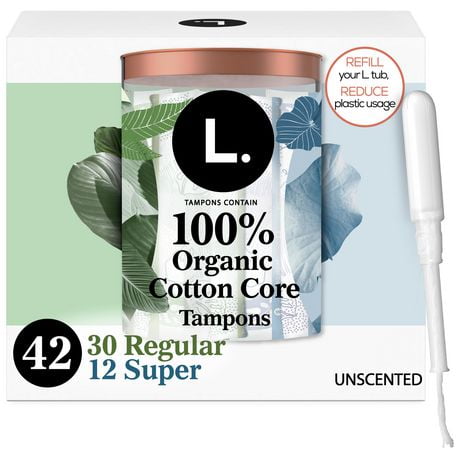 L. Cotton Tampons Regular/Super Absorbency Multipack, Free from Chlorine Bleaching, Pesticides, Fragrances, or Dyes, 42CT