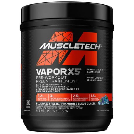 Poudre de pré-entraînement, MuscleTech Vapor X5 pré-entraînement, poudre de pré-entraînement pour hommes et femmes, mélange de boissons énergétiques en poudre pré-entraînement, produits de nutrition sportive pré-entraînement, framboise bleue(30 portions) MuscleTech Vapor X5 Poudre de pré-entraînement