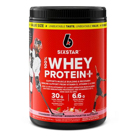 Six Star 100% Whey Protein Plus, Whey Protein Powder, Whey Protein Isolate & Peptides, Lean Protein Powder for Muscle Gain, Whey Isolate Protein Shake, Strawberry, 4 lbs, 1.81 kg