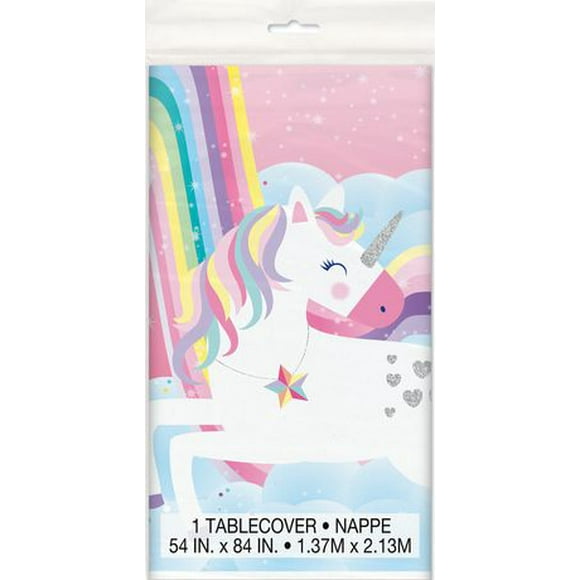 Pink Rainbow Unicorn Rectangular Plastic Table Cover, 54" x 84", 1 Tablecover measures 54" x 84"