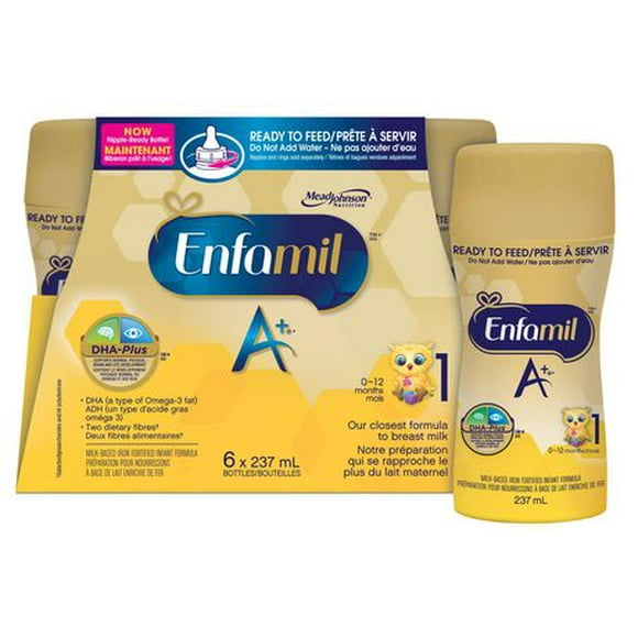 Enfamil A+, Baby Formula, Ready to Feed Bottles, DHA (a type of Omega-3 fat) to help support brain development, Age 0-12 months, 237ml x 6 count