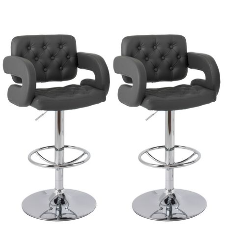 OFCASA Set of 2 Bar Stools Grey Faux Leather Upholstered Seat Buttoned Backrest Bar Stools Metal Legs for Home Kitchen Island Counter Pub 65cm Height