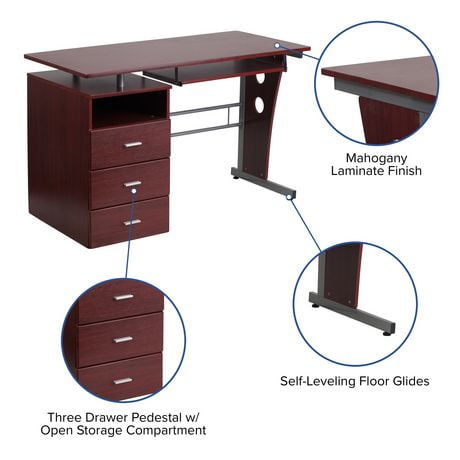 Mahogany Desk With Three Drawer Pedestal And Pull Out Keyboard Tray Canada Keyboard Tray Canada, Flash Furniture Computer Desk With 3 Drawer Pedestal Mahogany