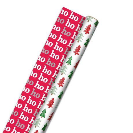 Hallmark 30" Trees on White/Ho Ho Ho on Red Reversible Christmas Wrapping Paper Roll, 269 sq. ft ...