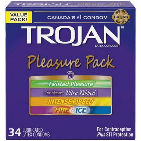 Trojan Pleasure Pack Assorted Lubricated Condoms, Extra Stimulating, 34 Lubricated Latex Condoms