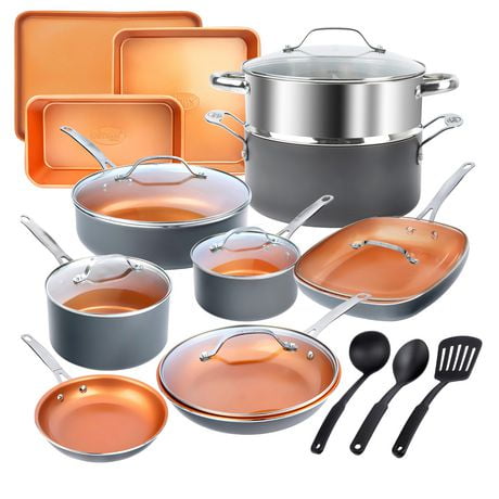 Gotham Steel Lot de 20 casseroles et poêles express, batterie de cuisine complète avec surface minérale et diamant ultra antiadhésive durable, poignées en acier inoxydable, passe au four et au lave-vaisselle, 100 % sans PFOA.