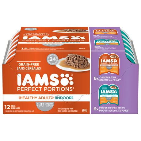 Iams Perfect Portions Grain Free Chicken & Indoor Chicken Cuts in Gravy Variety Pack Healthy Adult Wet Cat Food, 12x75g