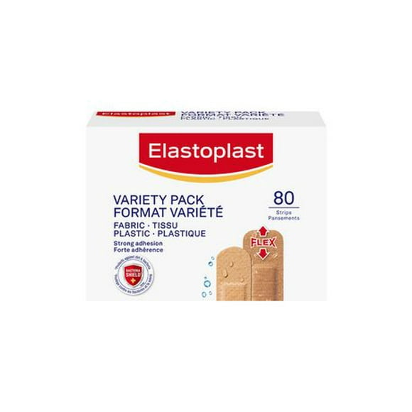 ELASTOPLAST Plastic and Flexible Fabric Bandages, Variety Pack | beige | All-round Adhesion | Absorbent Non-stick Wound Pad | Flexible & Water-resistant | Bacteria Shield | Latex Free, 80 strips