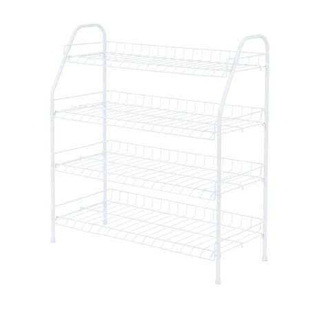 MAINSTAYS 4-Tier White Metal Shoe Rack and Accessories Storage, Holds up to 12 pairs,Easy assemble with no tools, 4 Tier Wire Shelf , Perfect Storage Shelf for Organization in Bedroom/Closet, Product assembled size: 25.7 in. W x 11.6 in. D x 27.8 in. H; White coating