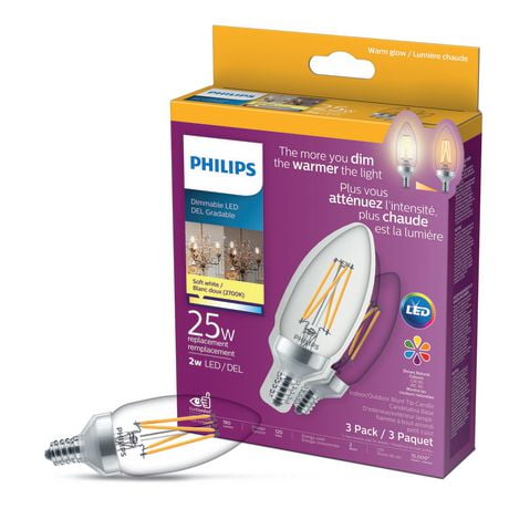 Philips Ampoule LED B11 E12 25W Equivalent Candélabre Clair, Dimmable Soft White (2700K) 3-Pack