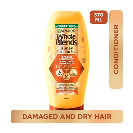 Garnier Whole Blends Honey Treasures Repairing Conditioner for Damaged and Dry Hair, 370 mL, Repairs damaged hair