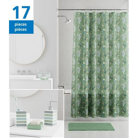 Mainstays Cactus PEVA Shower Curtain, Bath Rug, Accessories and Hooks, 17-Piece Bath Set, Green
