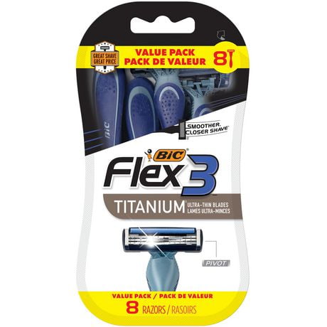 BIC Flex 3 Titanium Disposable Razors for Men, Great Razors For a Smooth and Comfortable Shave, Shaving Razors With 3 Blades, 8 Count, 8 Count