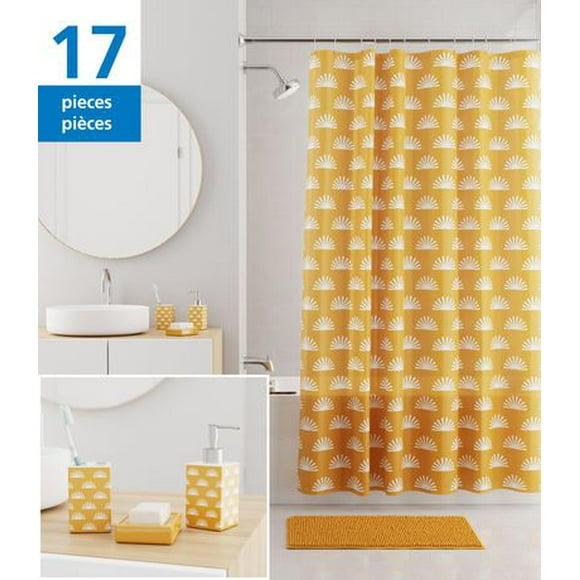 Rideau de douche Mainstays Soleil CAV/E, tapis de bain, accessoires et crochets, ensemble de bain 17 pièces, jaune