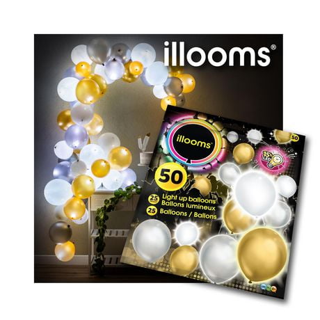 illooms Light Up LED Gold, Silver & White Balloons 50PK, Pack of 50