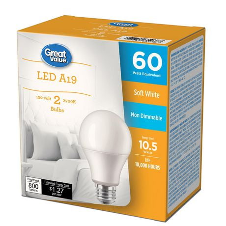 Ampoules DEL Great<br>Value A19 60 W blanc<br>doux, paq. de 2 Non gradables, 800<br>lumens