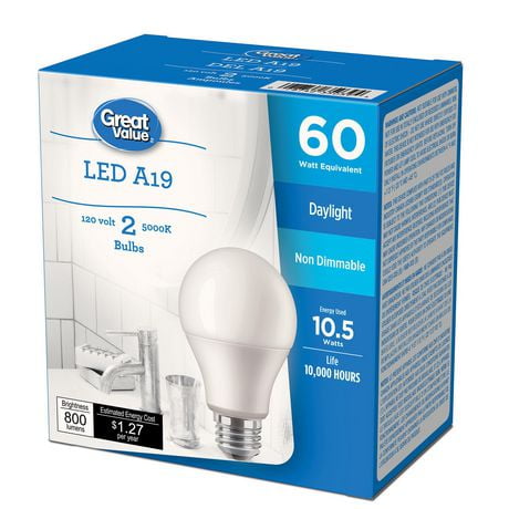 Ampoules DEL Great<br>Value A19 60 W lumière<br>du jour, paq. de 2 Non gradables, 800<br>lumens