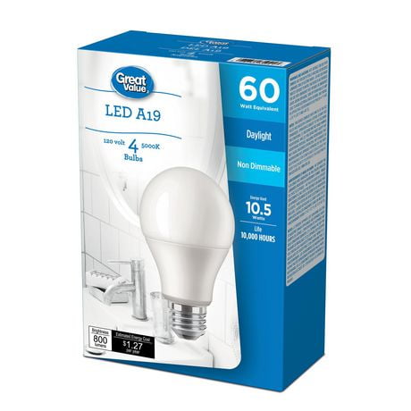Ampoules DEL Great<br>Value A19 60 W lumière<br>du jour, paq. de 4 Non gradables, 800<br>lumens