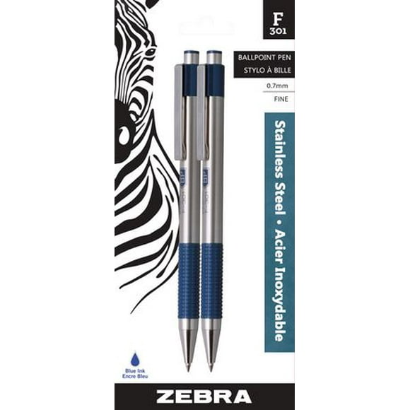 Stylos à bille rétractables Zebra F-301 Paq 2, Pte. fine, encre bleu