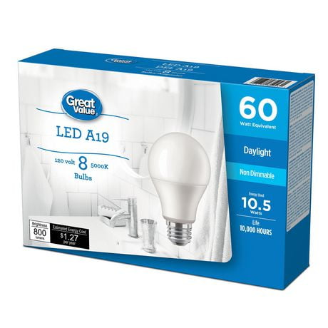 Ampoules DEL Great<br>Value A19 60 W lumière du jour, paq. de 8 GV DEL 60W A19 8