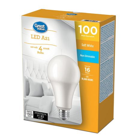 Great Value 100W A21 Soft White LED Bulbs 4-pack