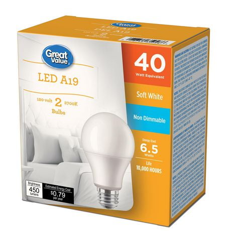 Great Value 40W A19 Soft White LED bulbs 2-pack, GV 40W A19 LED 2 pack