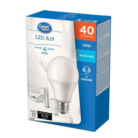 Ampoules DEL Great<br>Value A19 40 W lumière<br>du jour, paq. de 4 GV 40W A9 DEL 4p