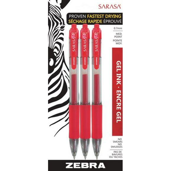 Stylos à bille gel Zebra Sarasa rétractables Moyenne (0.7mm), 3 par paquet
