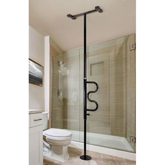 Stander Security Pole and Curve Grab Bar, Bathroom Safety Rail for Elderly, Tension Mounted Floor to Ceiling Transfer Pole, Black