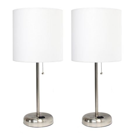 LimeLights Brushed Steel Stick Lamp with Charging Outlet and Fabric Shade 2 Pack Set