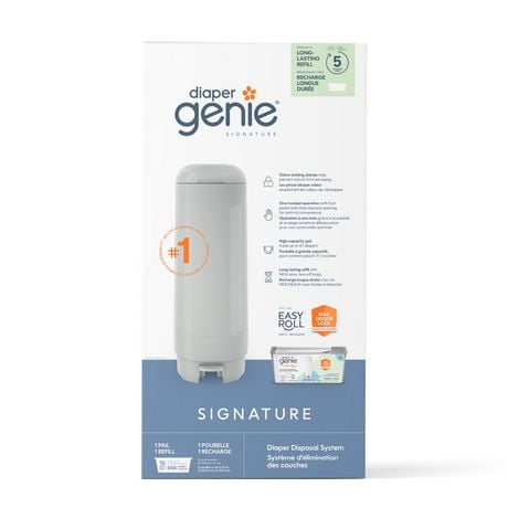 Diaper Genie Signature Pail, includes 1 Easy Roll Refill with 18 bags, holds up to 846 newborn diapers per refill, With odour-locking clamps