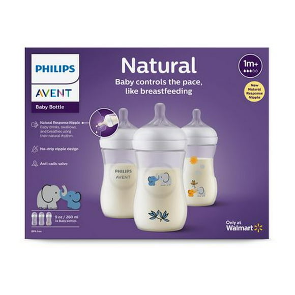 Philips Avent Natural Baby Bottle With Natural Response Nipple, With Blue Elephant Design, 9oz, 3 pack, SCY903/63, Avent Deco Bottle 9oz 3pk