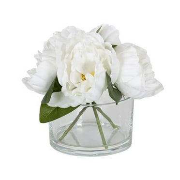 hometrends Pascal Faux Peonies in Glass Vase, 7.5"H x 7.25"Dia.