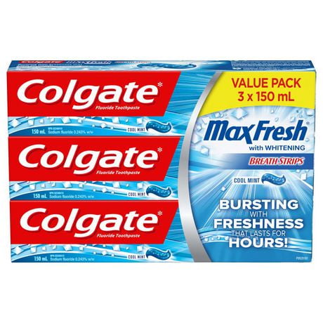 Colgate Max Fresh Toothpaste with Mini Breath Strips, Cool Mint, 3 X 150 mL