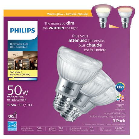 PHILIPS 5.5W PAR20 Soft White Warm Glow LED Reflector bulb 3-pack