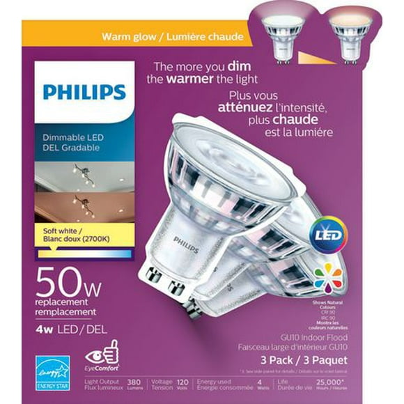 PHILIPS 4W MR16 GU10 Base Soft White Warm Glow Dimmable LED Light Bulbs - 3 Pack