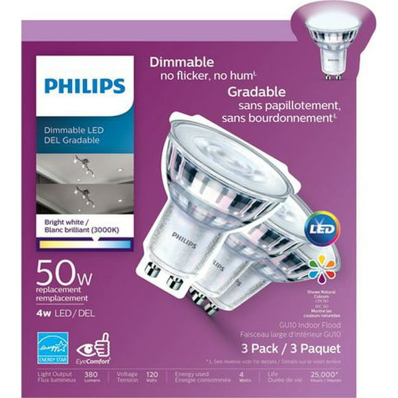 PHILIPS 4W GU10 Bright White 3-pack LED bulbs (50w replacement)