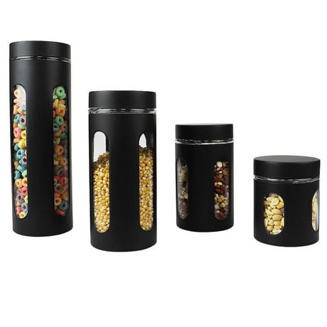 4 Piece Stainless Steel Canisters with Multiple Peek-Through Windows, Black