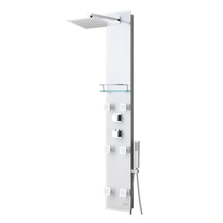 The akuaplus® ZARA stainless steel and glass shower panel with thermostatic cartridge and 3-way diverter, 6 body jets oriental, plus 1 shelf.