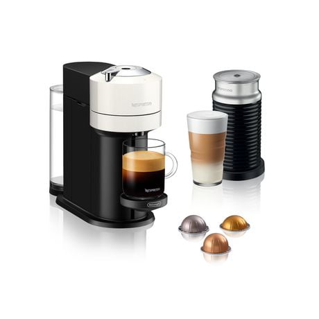 Machine à café et espresso Vertuo Next de Nespresso par De'Longhi avec mousseur à lait Aeroccino, Blanc