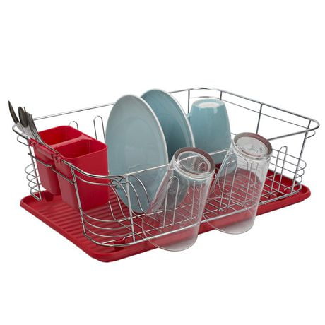 3 Piece Chrome Plated Steel and Plastic Dish Rack, Red