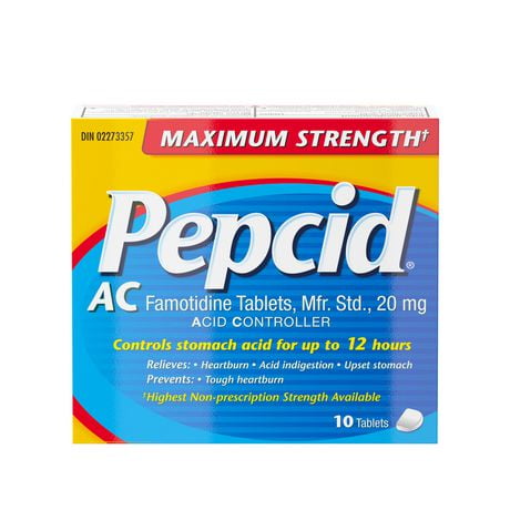 Médicament Pepcid AC Concentration maximale qui agit toute la journée contre l'indigestion acide, avec 20 mg de famotidine; acidoréducteur à action rapide qui prévient et soulage les brûlures d’estomac, format voyage de 10 comprimés 10 comprimés