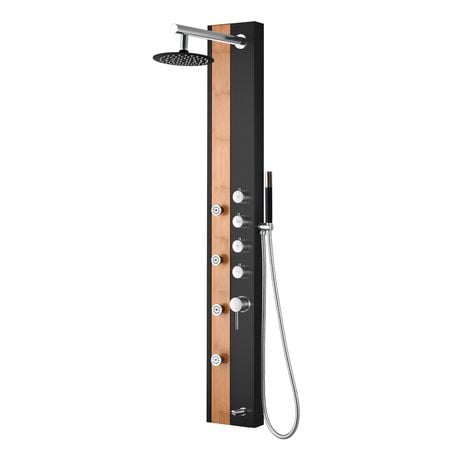 The akuaplus® NADIA stainless steel and wooden bambou shower panel with Pressure balance cartridge, 4 independent diverters, 4 swivel body jets in brass plus one spout.