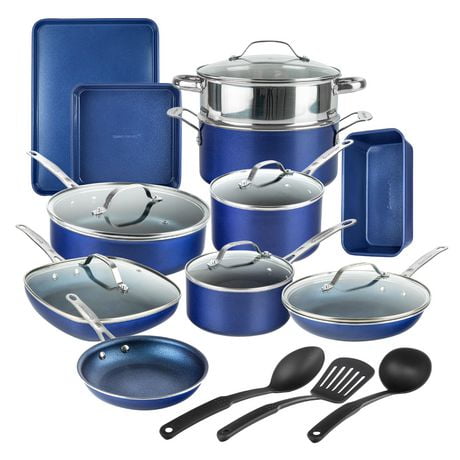 GranitPierre Diamant Ensemble de casseroles et poêles Express, batterie de cuisine complète de 20 pièces + ustensiles de cuisson, antiadhésif, passe au lave-vaisselle, passe au four, bleu