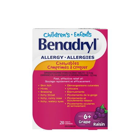 Benadryl Allergies, Comprimés à croquer  pour enfants, Saveur de raisin, 12,5 mg, pour le soulagement des symptômes d’allergies