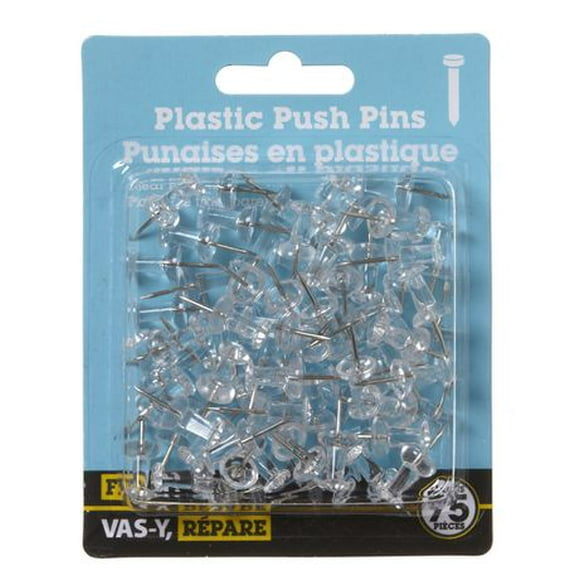 Clear Plastic Push Pins 75 Pieces, Perfect for hanging items to bulletin boards, posters, wall charts, calendars.